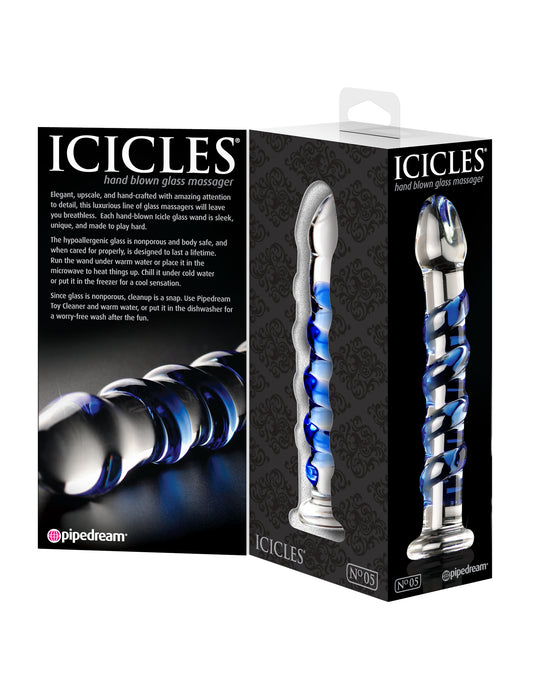 Icicles No 5 Hand Blown Glass Massager w/ Blue Swirls