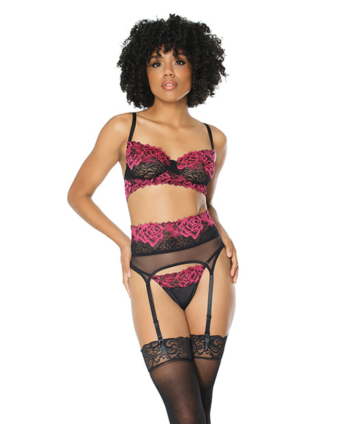 Scallop Stretch Lace & Sheer Nylon Bra, Garter Belt & G-String