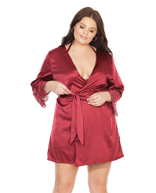 Stretch Satin Robe w/ Eyelash Lace Sleeve