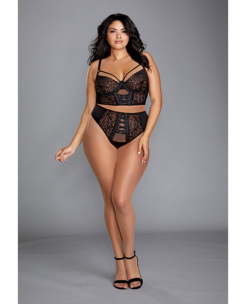 Stretch Mesh & Galloon Lace Bustier w/ Matching Lace-Up Thong