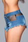 Denim Shorts w/ Fishnet Top Trimming and Fringe Bottom Details